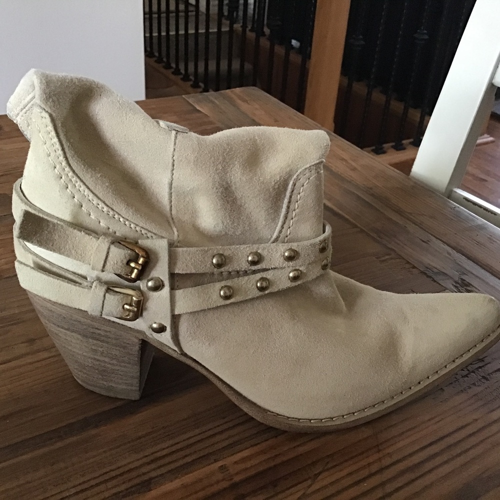 Vintage Y2K does 80s Leather Cowboy Boots Studs Buckles Taupe Grey Suede Ankle 5